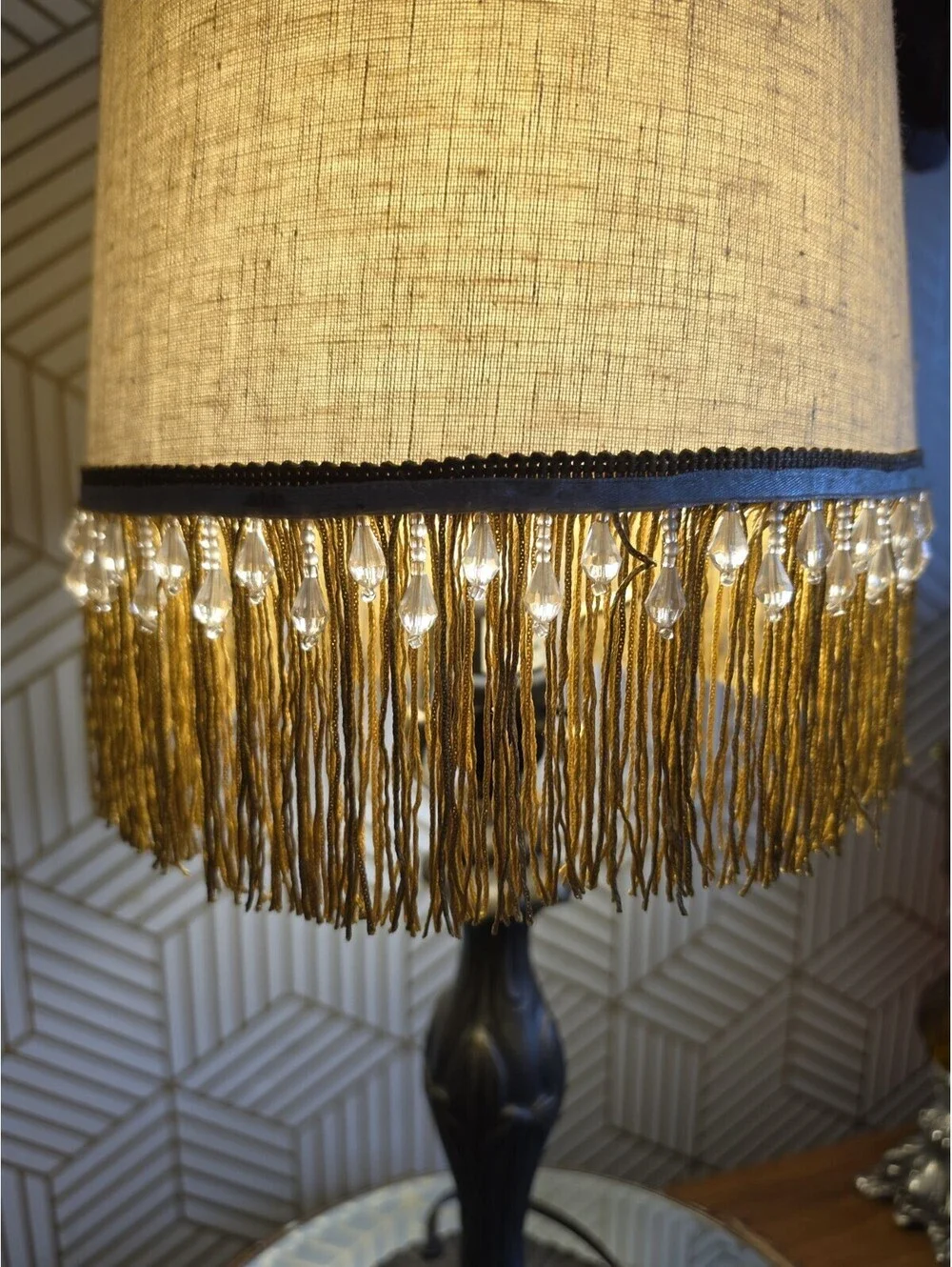 Vintage Fringed And Beaded Fabric Lampshade 10